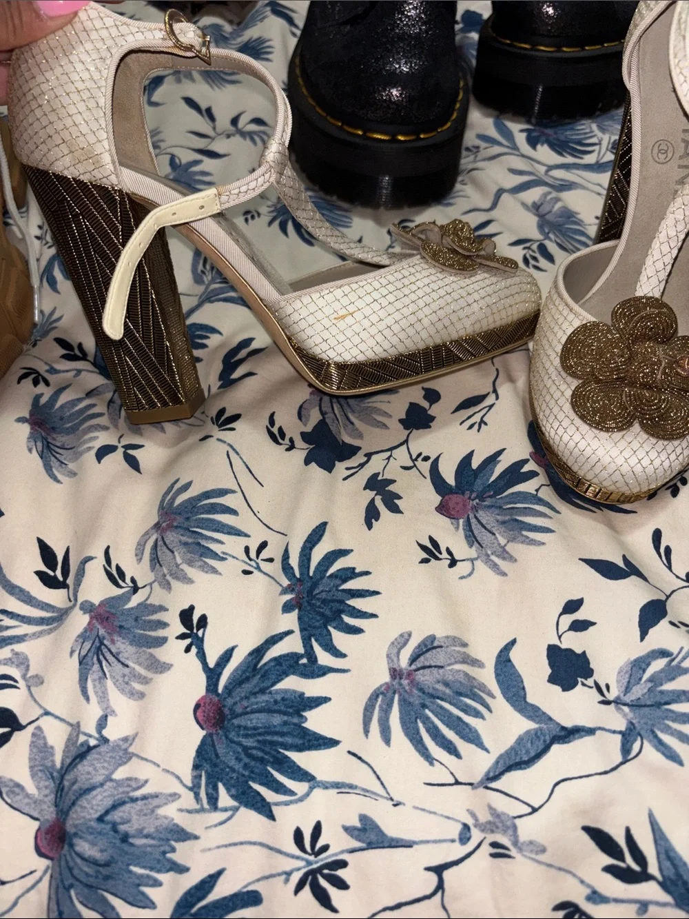 CHANEL Cream and Gold Camellia Ankle-Strap Heels